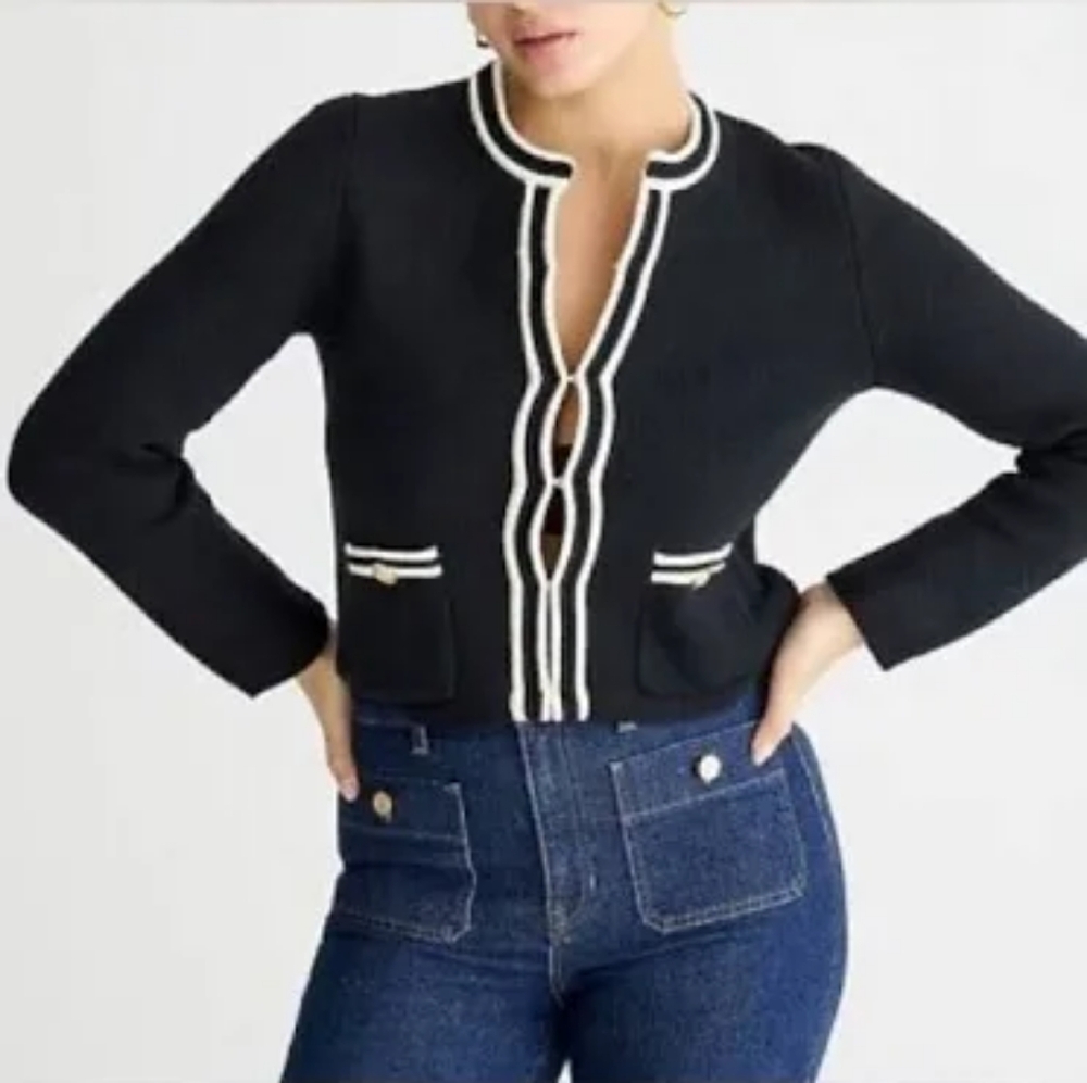 J Crew Emilie black sweater lady jacket with contrast trim Size S